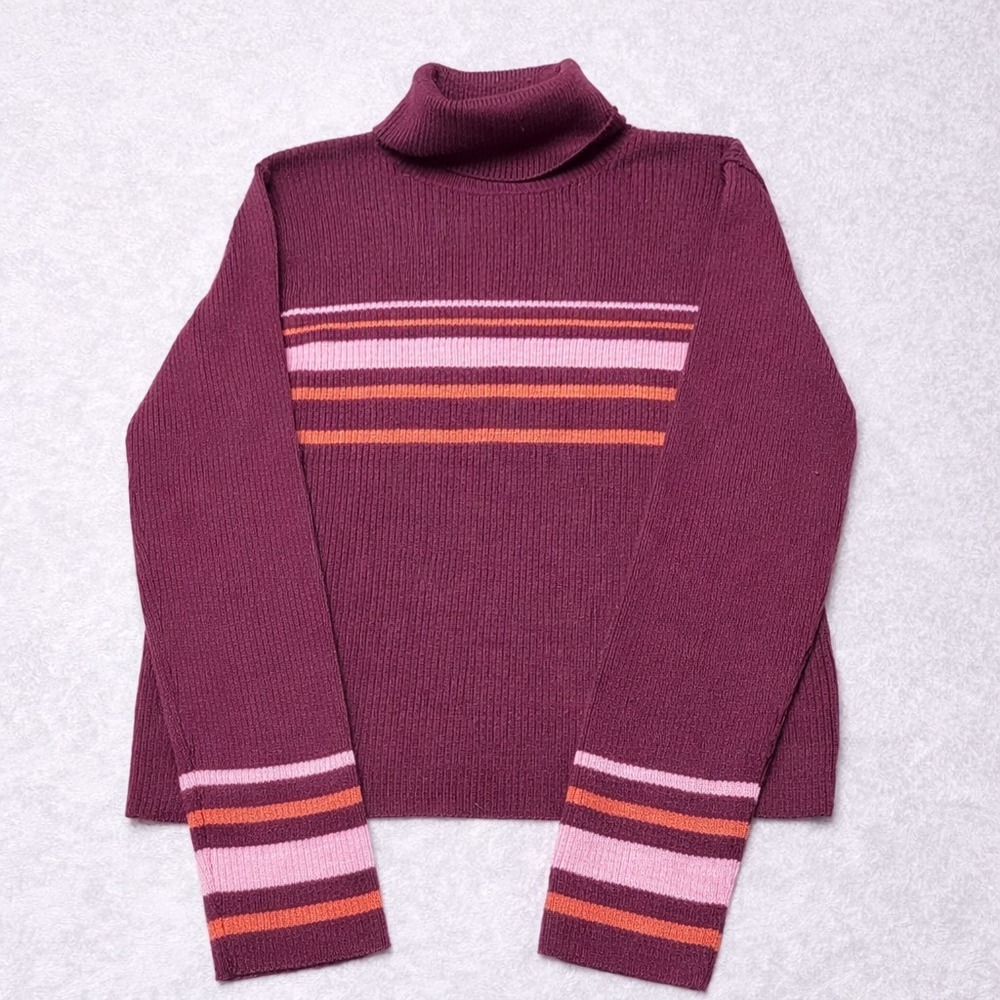 Free People Plum Ribbed Knit Turtleneck Stripe Sweater M